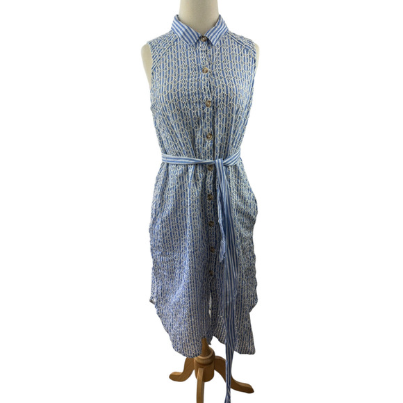 By Anthropologie Kismet Shirtdress Eyelet Lace Stripe Dress Anthro 12P 12 Petite - Picture 2 of 16
